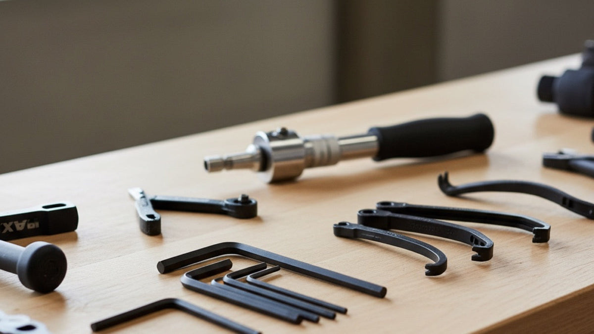 Bicycle repair hand tools laid out on a clean workbench