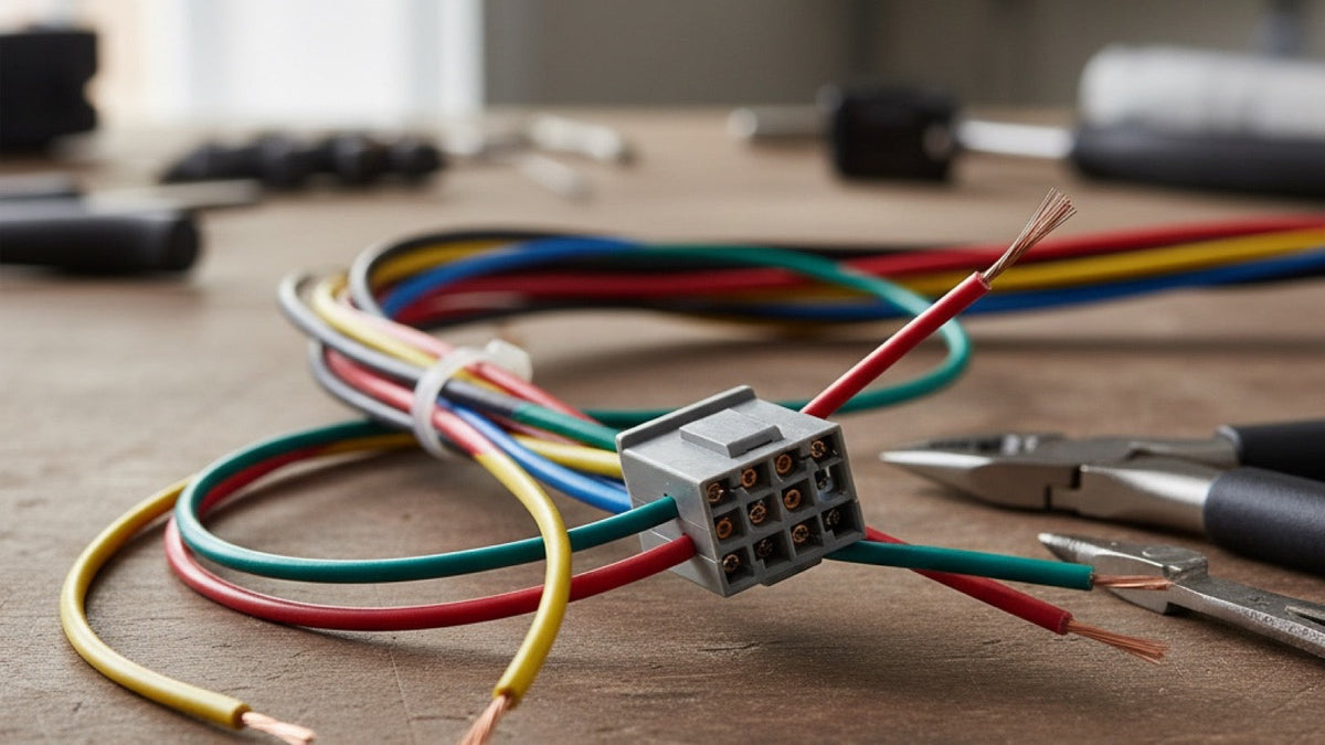 Close-up of an electrical wiring connector and colored cables