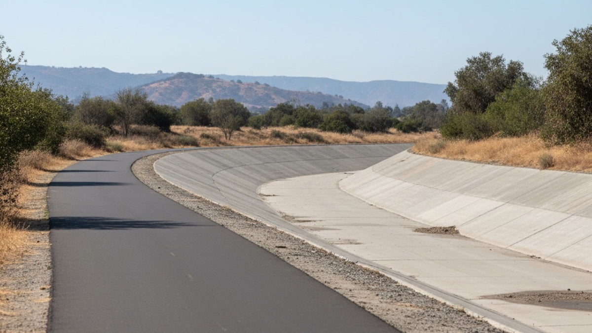 An empty paved trail running alongside a dry concrete flood channel