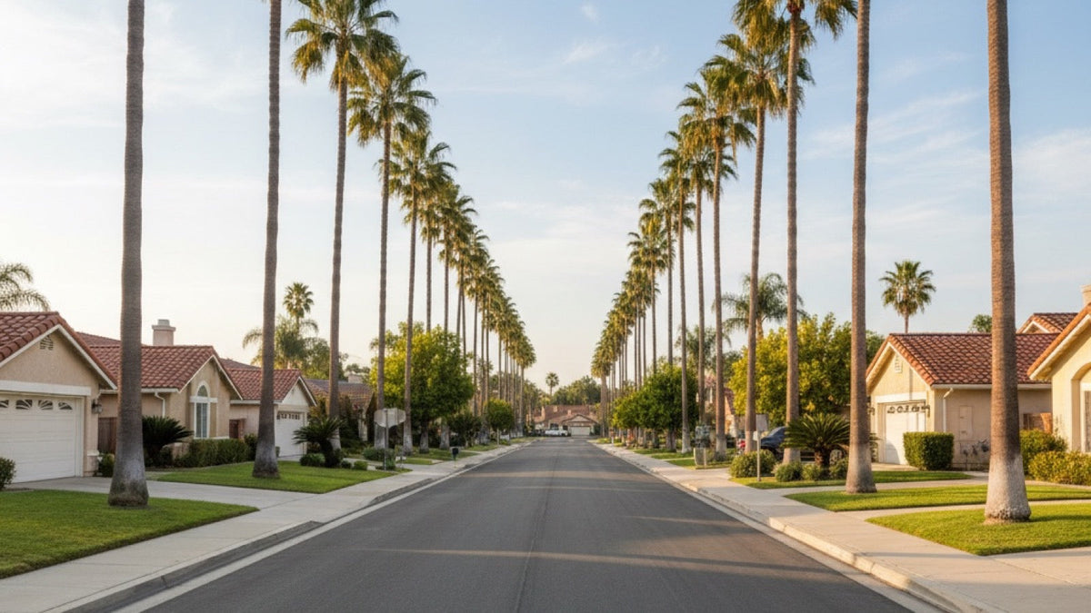 A quiet suburban street with palm trees and wide sidewalks