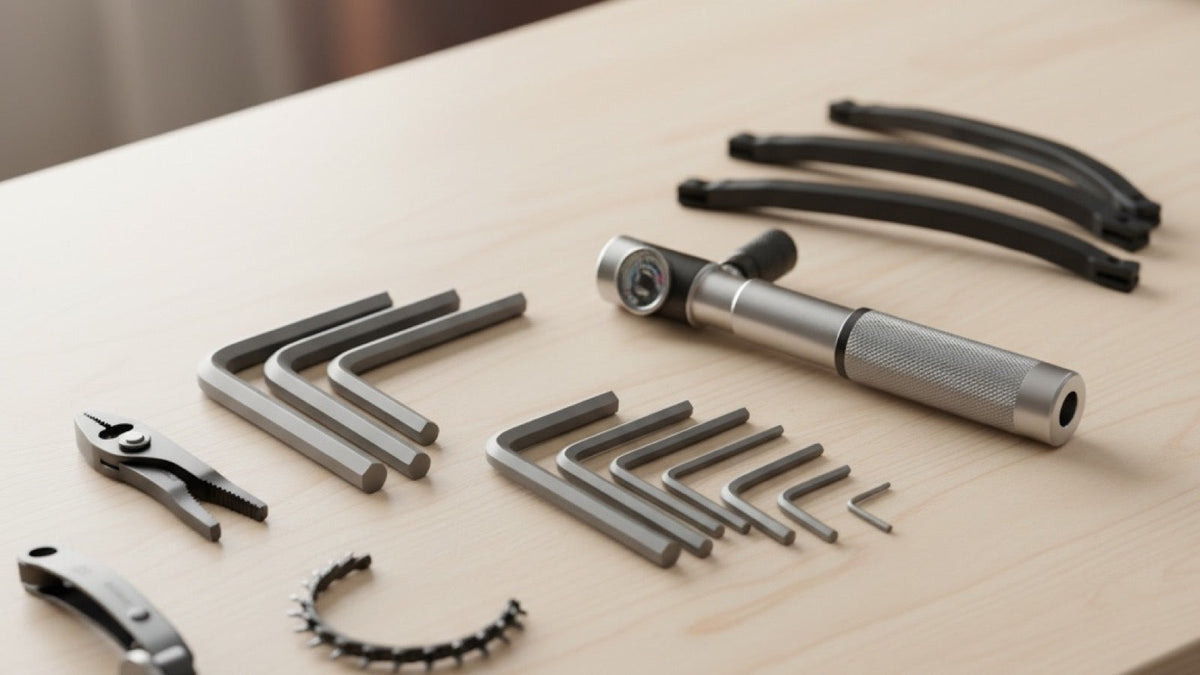 Bicycle repair hand tools laid out on a clean workbench