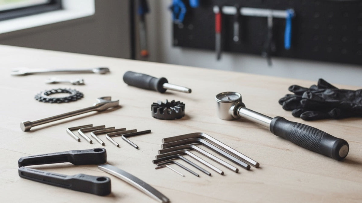 Bicycle repair hand tools laid out on a clean workbench