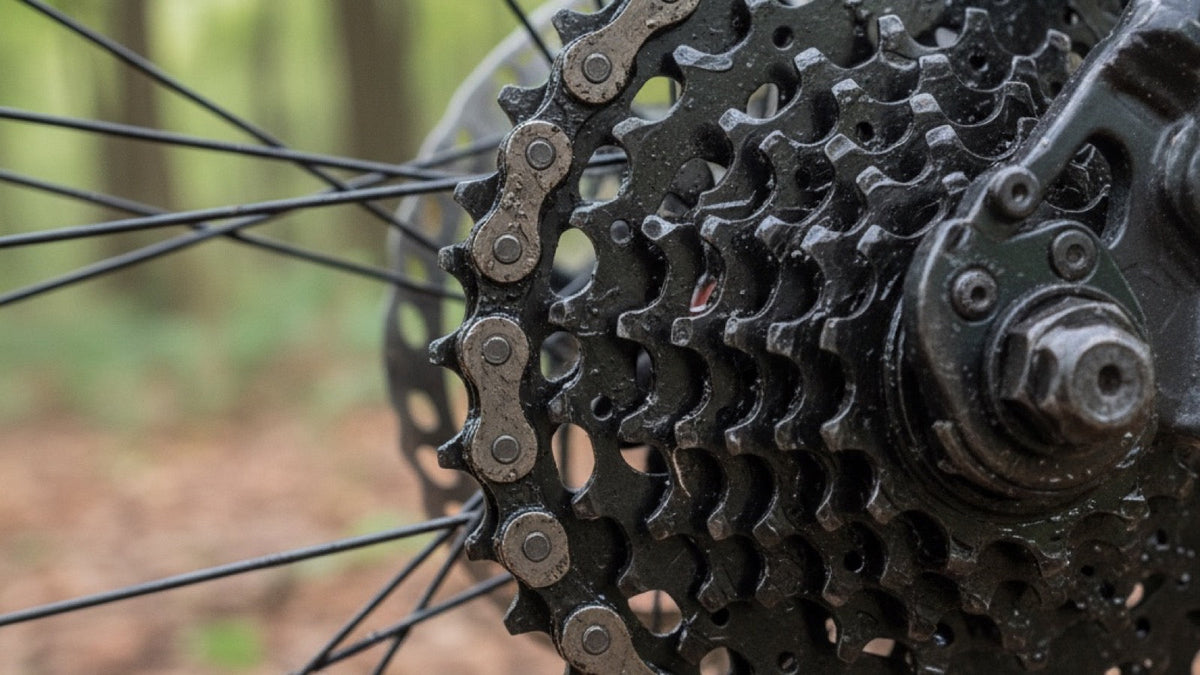 Close-up of a bicycle chain and rear cassette