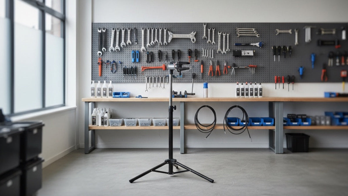 A tidy bike shop service area with a repair stand and pegboard of tools