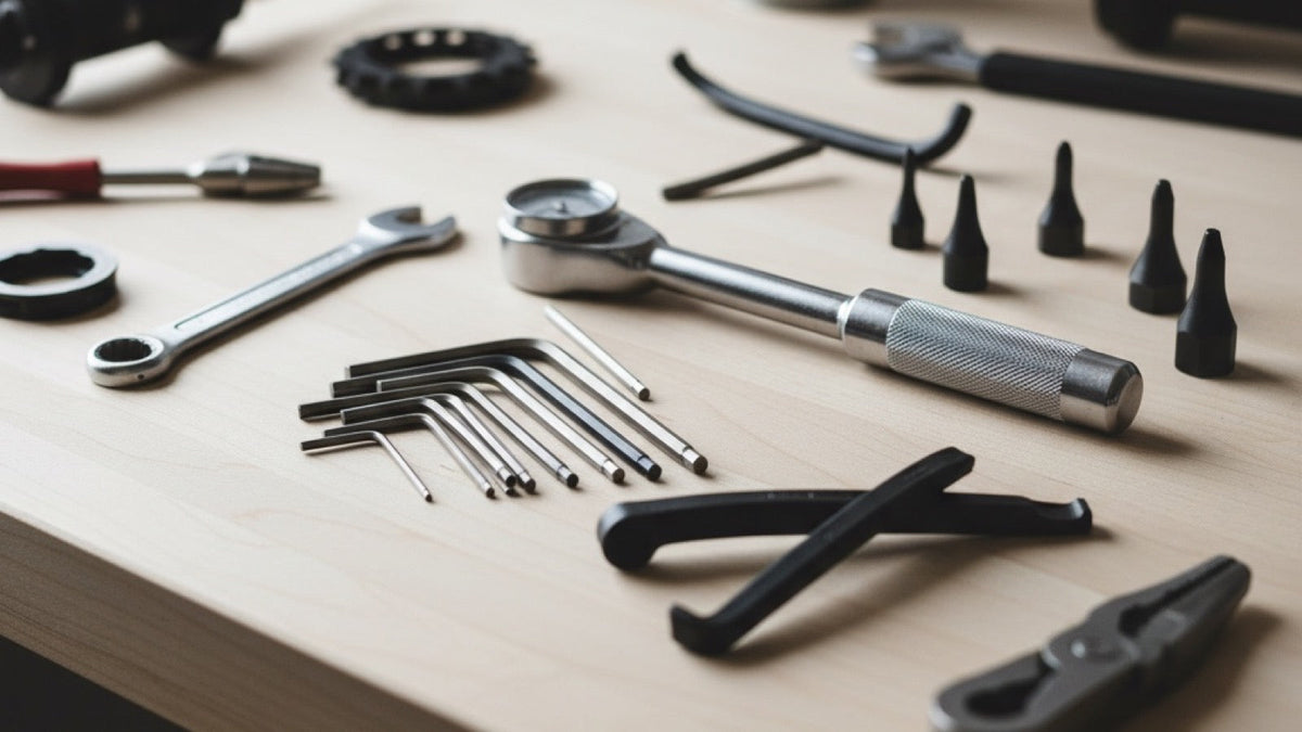 Bicycle repair hand tools laid out on a clean workbench