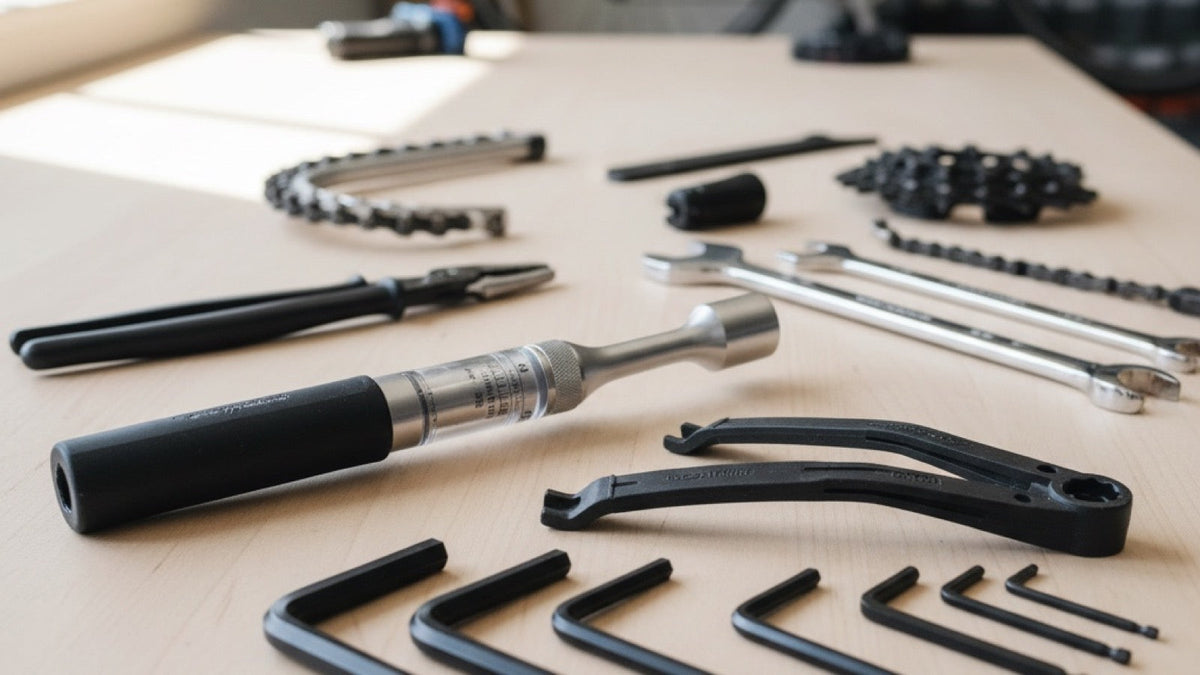 Bicycle repair hand tools laid out on a clean workbench