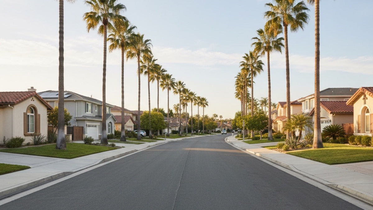 A quiet suburban street with palm trees and wide sidewalks