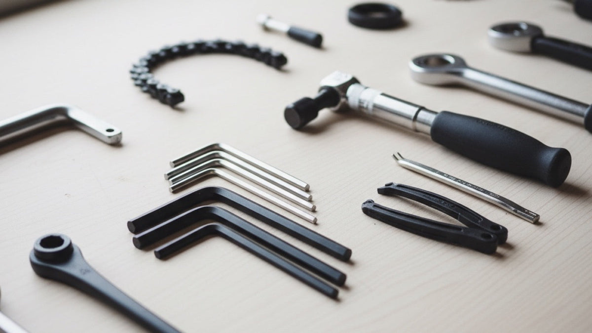 Bicycle repair hand tools laid out on a clean workbench