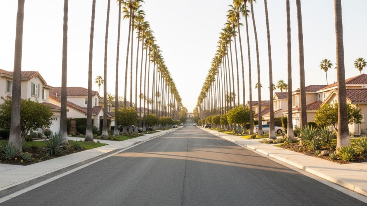 A quiet suburban street with palm trees and wide sidewalks