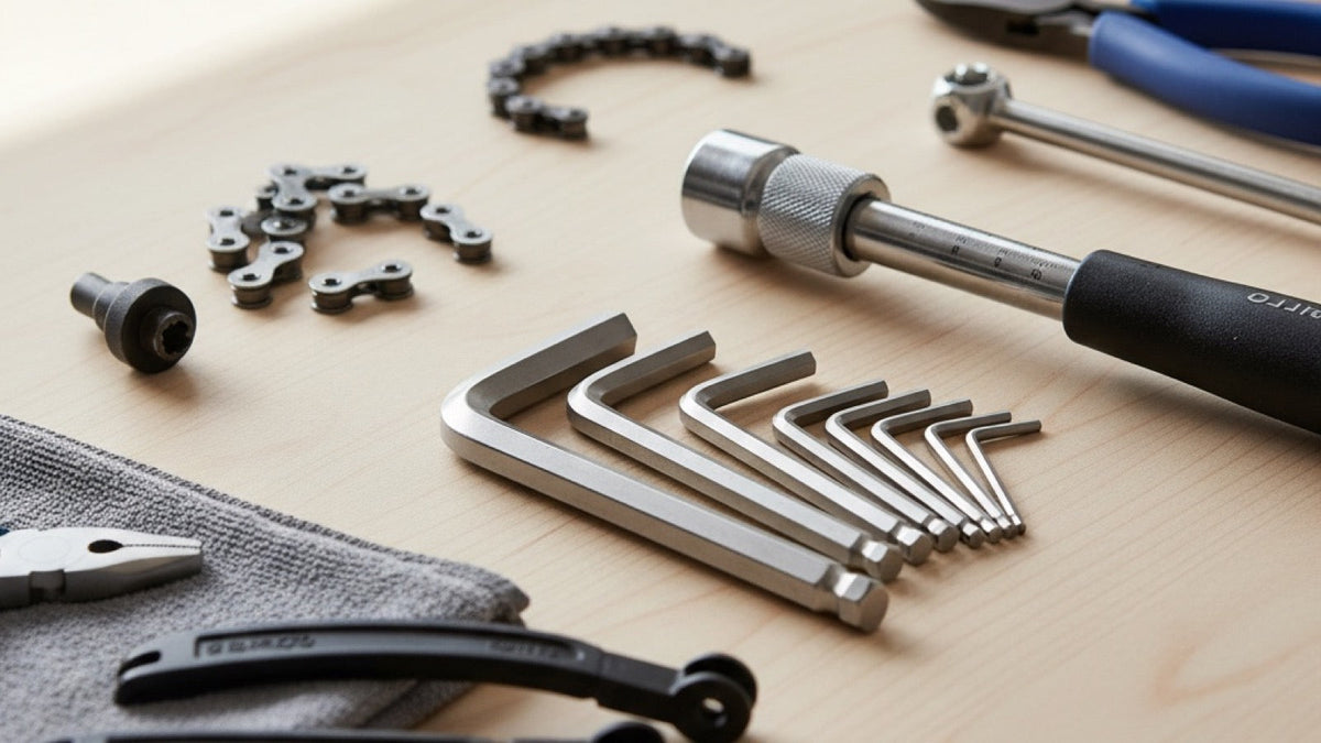Bicycle repair hand tools laid out on a clean workbench
