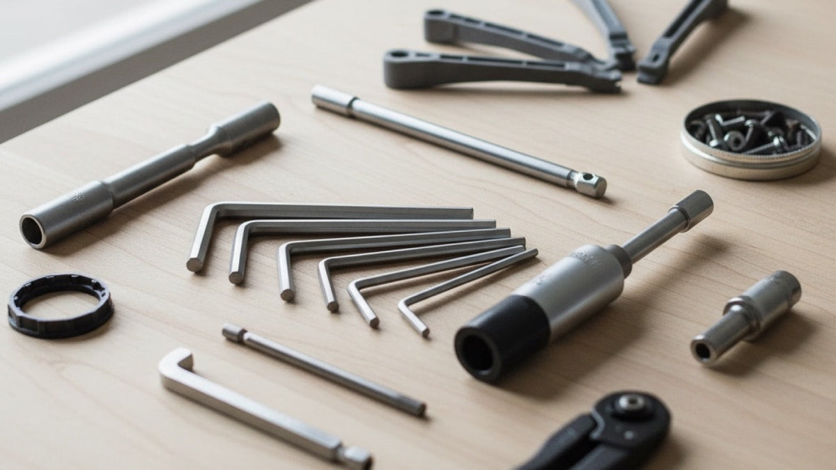 Bicycle repair hand tools laid out on a clean workbench