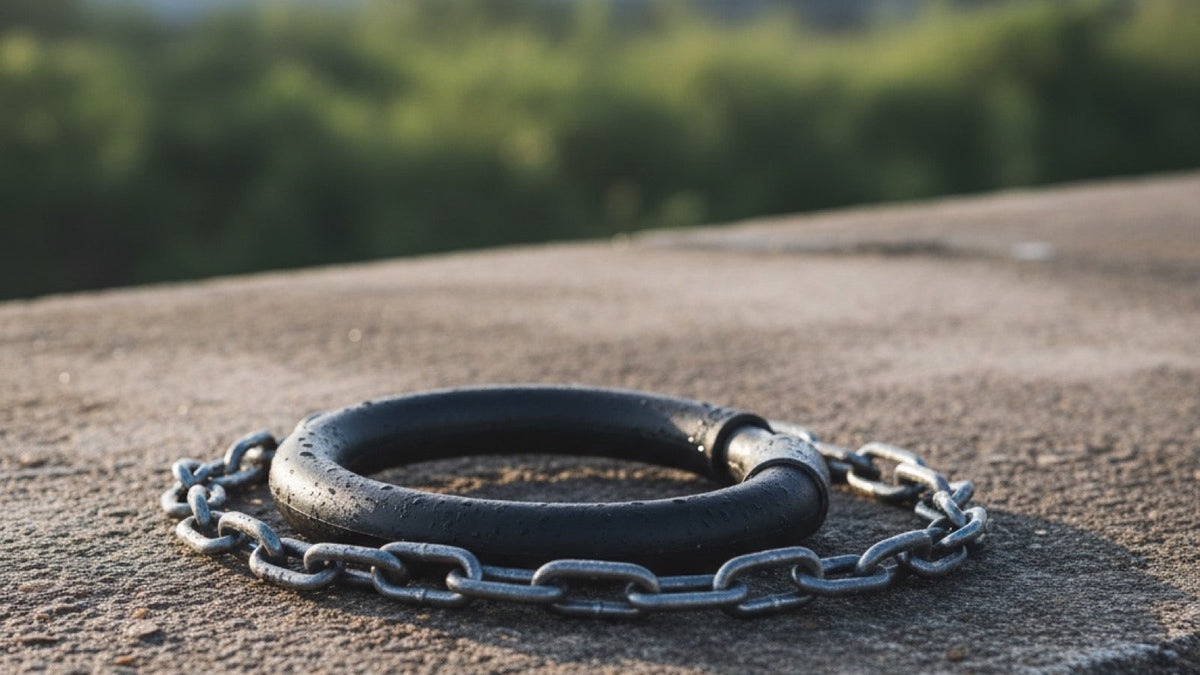 A heavy duty u-lock and steel chain on a concrete surface